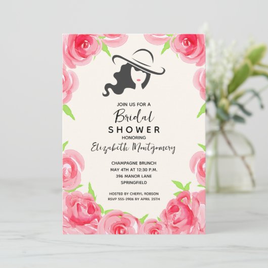 Aquarellfarben Rose Big Hat Brautparty Einladung (Stehend Vorderseite)