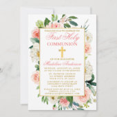 Aquarellfarben Rose Blume Rosa Gold Erste Kommune Einladung (Vorderseite)