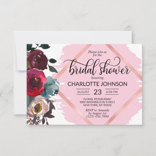 Aquarellfarben Rose Burgund Gold Brautparty Einladung (Vorderseite)