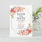 Aquarellfarben Rose Floral Gold Geo Rahmen Save The Date (Stehend Vorderseite)