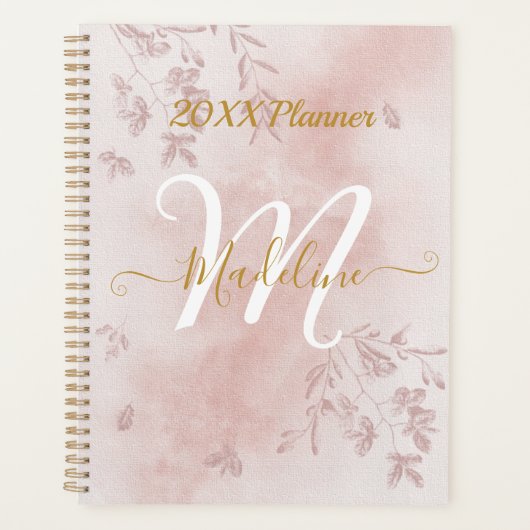 Aquarellfarben Rose Gold Blätter Monogram Planer (Vorderseite)