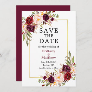 Aquarellfarben Rose Gold Frame Burgundy Save the D Save The Date