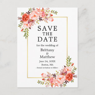 Aquarellfarben Rose Goldrahmen Save the Date  Postkarte