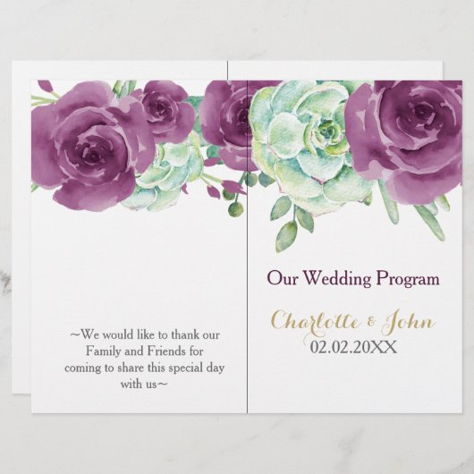 Aquarellfarben-Rose Hochzeitsprogramm (Vorne/Hinten)