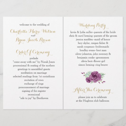 Aquarellfarben-Rose Hochzeitsprogramm (Rückseite)