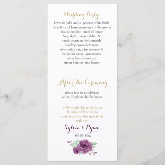 Aquarellfarben-Rose Hochzeitsprogramme Programm (Rückseite)