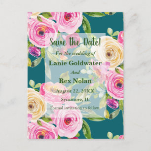 Aquarellfarben Rose Rosa auf Aquamarin Save the Da Postkarte