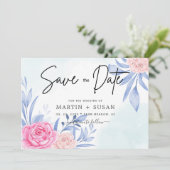 Aquarellfarben Rose Rosa wolkige blaue Blätter Hoc Save The Date (Stehend Vorderseite)