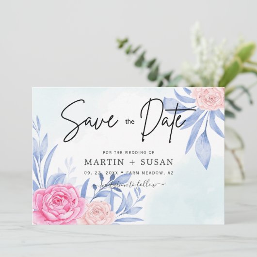 Aquarellfarben Rose Rosa wolkige blaue Blätter Hoc Save The Date (Stehend Vorderseite)