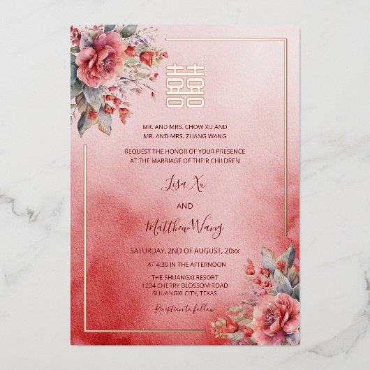 Aquarellfarben Rose Rose Chinesische Hochzeit Folieneinladung (Vorderseite)