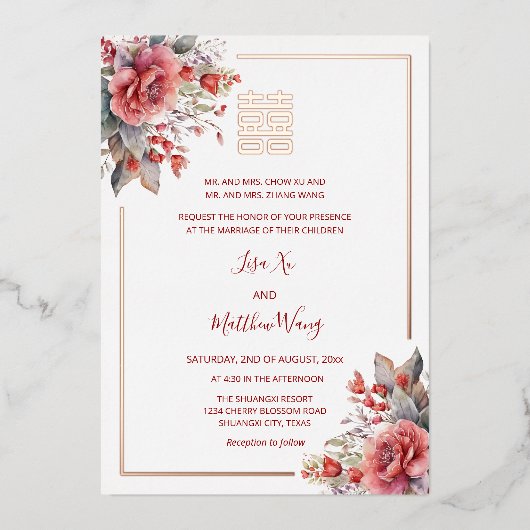 Aquarellfarben Rose Rose Chinesische Hochzeit Folieneinladung (Vorderseite)