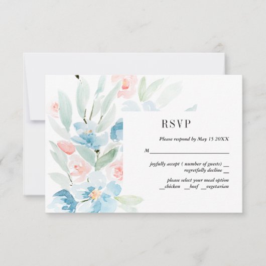 Aquarellfarben-Rose und Blauer Hochzeitstich-RSVP- RSVP Karte (Vorderseite)