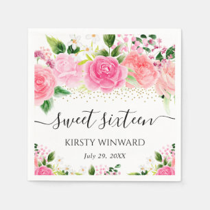 Aquarellfarben Rosen Blume 16 . Geburtstag Serviette