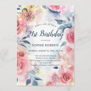 Aquarellfarben Rosen Floral Romantik 21 Geburtstag Einladung