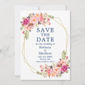 Aquarellfarben Rosen Geo Frame Navy Blau Save The Date (Vorderseite)