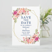 Aquarellfarben Rosen Geo Frame Navy Blau Save The Date (Stehend Vorderseite)