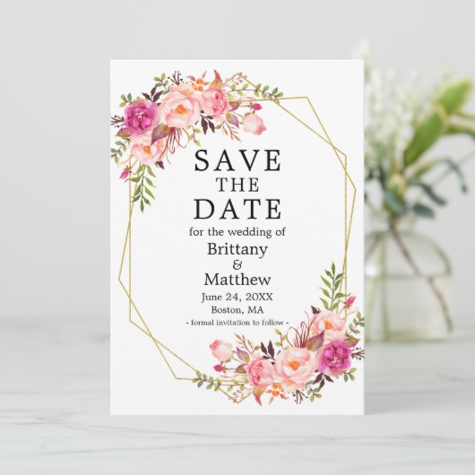 Aquarellfarben Rosen Geo Frame Save the Date blau (Stehend Vorderseite)