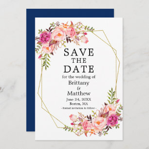 Aquarellfarben Rosen Geo Frame Save the Date blau