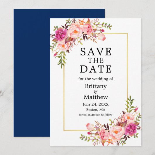 Aquarellfarben Rosen Gold Blau Save the Date (Vorne/Hinten)