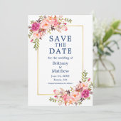 Aquarellfarben Rosen Gold Navy Blau Save the Date (Stehend Vorderseite)