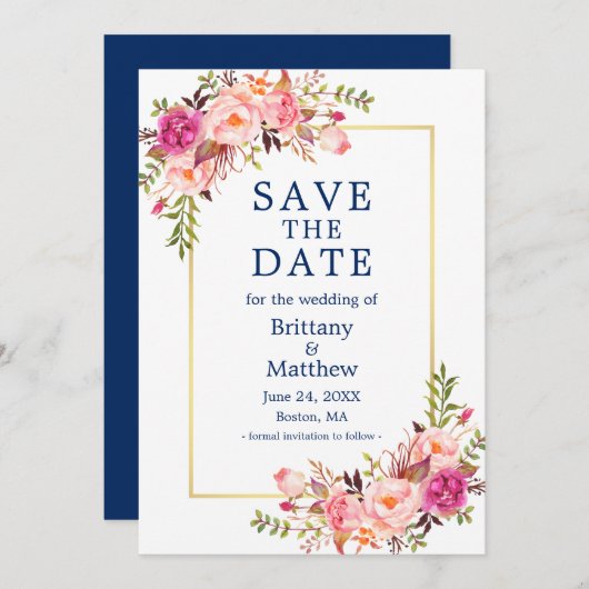 Aquarellfarben Rosen Gold Navy Blau Save the Date (Vorne/Hinten)