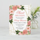 Aquarellfarben Rosen Gold Rahmen Sweet 16 Einladung (Stehend Vorderseite)