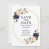Aquarellfarben Rosen Navy Blue Gold Geo Frame Save The Date (Vorderseite)