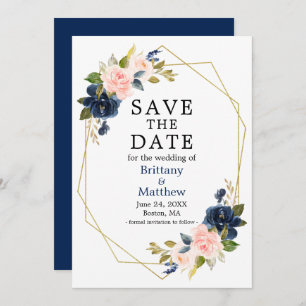 Aquarellfarben Rosen Navy Blue Gold Geo Frame Save The Date