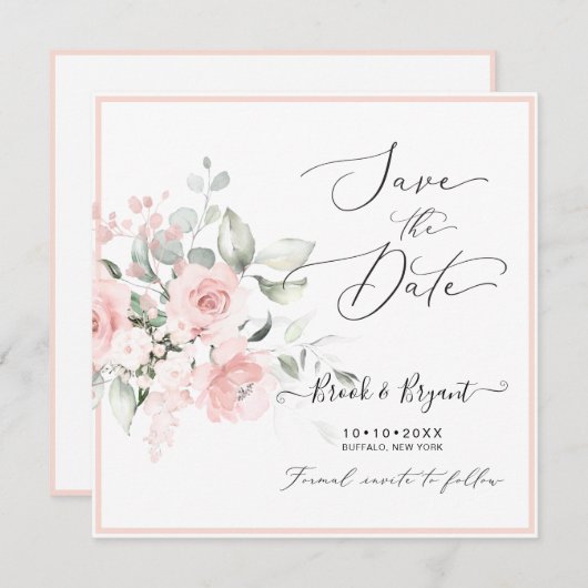 Aquarellfarben Rosen Save the Date blush Pink Rose Einladung (Vorne/Hinten)