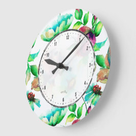 Aquarellfarben Rot-Budding-Rose auf Blond Wood Große Wanduhr