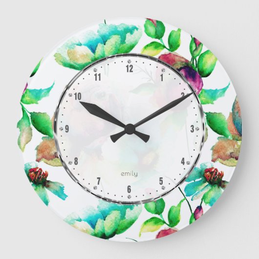 Aquarellfarben Rot-Budding-Rose auf Blond Wood Große Wanduhr (Vorderseite)