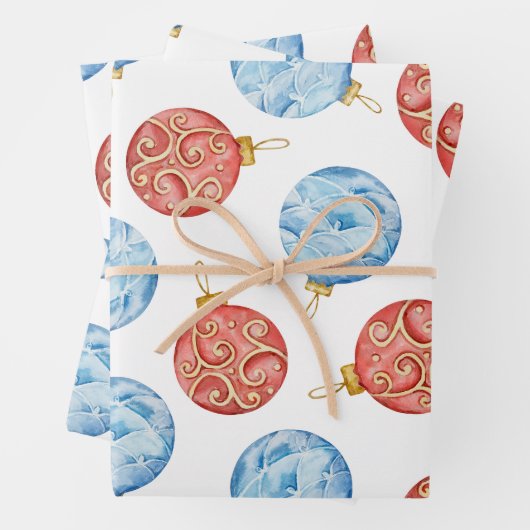 Aquarellfarben Rot und Blau Weihnachtsschmuck Geschenkpapier Set (Beispiel)