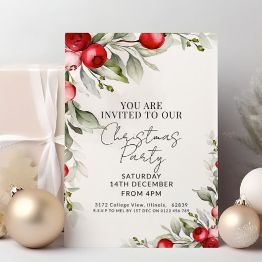 Aquarellfarben Rote Berries Grün Weihnachten Party Einladung