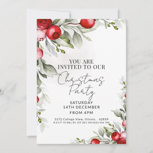 Aquarellfarben Rote Berries Grün Weihnachten Party Einladung (Vorderseite)