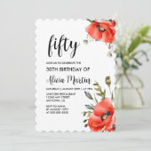Aquarellfarben Rote Mohnblume Grüne Fünfzig Geburt Einladung (Stehend Vorderseite)