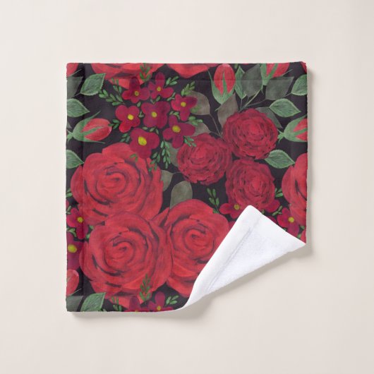 Aquarellfarben-rote Rosen auf schwarz, Badhandtuch Set (Waschlappen)