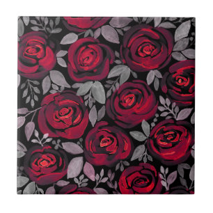 Aquarellfarben, rote Rosen auf schwarz Fliese