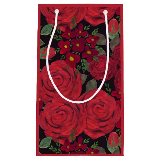 Aquarellfarben-rote Rosen auf schwarz, Kleine Geschenktüte (Vorderseite)
