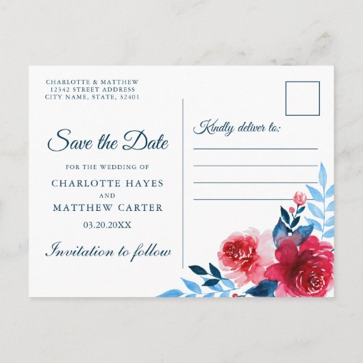 Aquarellfarben Save the Date Ankündigungspostkarte (Rückseite)