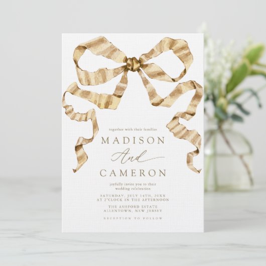 Aquarellfarben-Schleife Gold und Weiße Hochzeit Einladung (Stehend Vorderseite)