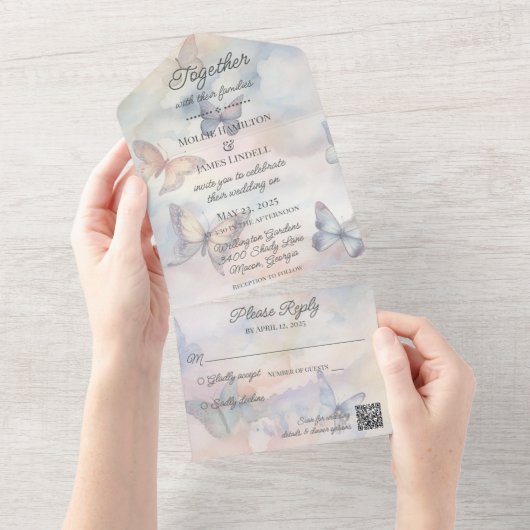 Aquarellfarben-Schmetterlinge mit QR-Code All In One Einladung (Abreißen)