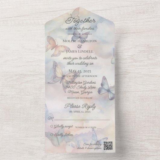 Aquarellfarben-Schmetterlinge mit QR-Code All In One Einladung (Innen Boden)