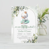 Aquarellfarben-Schwan-Grün und Goldtutu-Ballerina Einladung (Stehend Vorderseite)