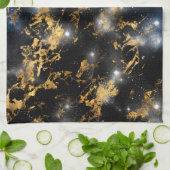 Aquarellfarben Schwarz und Gold Marmorgalaxie Geschirrtuch (Gefaltet)
