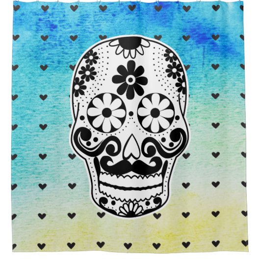 Aquarellfarben Schwarz und Weißzucker Schädelmikro Duschvorhang (Vorderseite)