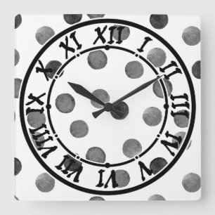 Aquarellfarben schwarz-weiß mit Polka-Punkten Quadratische Wanduhr