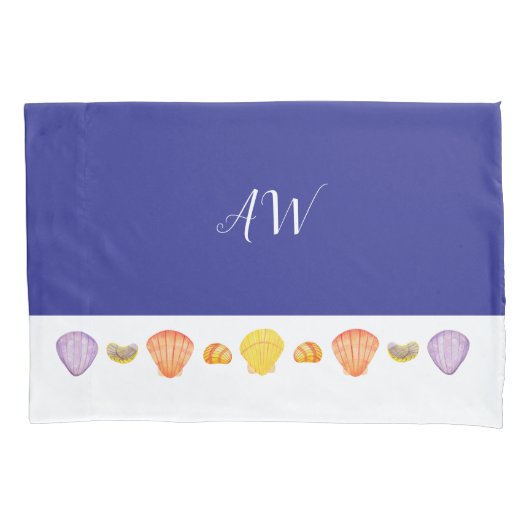 Aquarellfarben Seashells Blue Pillowcase mit Monog Kissenbezug (Vorderseite)