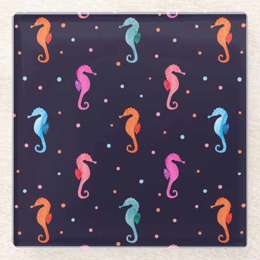 Aquarellfarben-Seepferde auf Navy Blue Pattern Glasuntersetzer (Vorderseite)