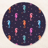 Aquarellfarben-Seepferde auf Navy Blue Pattern Runder Pappuntersetzer (Vorderseite)