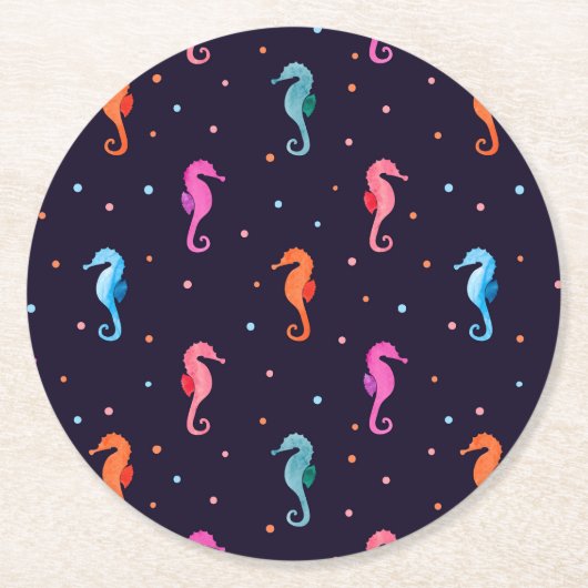 Aquarellfarben-Seepferde auf Navy Blue Pattern Runder Pappuntersetzer (Vorderseite)